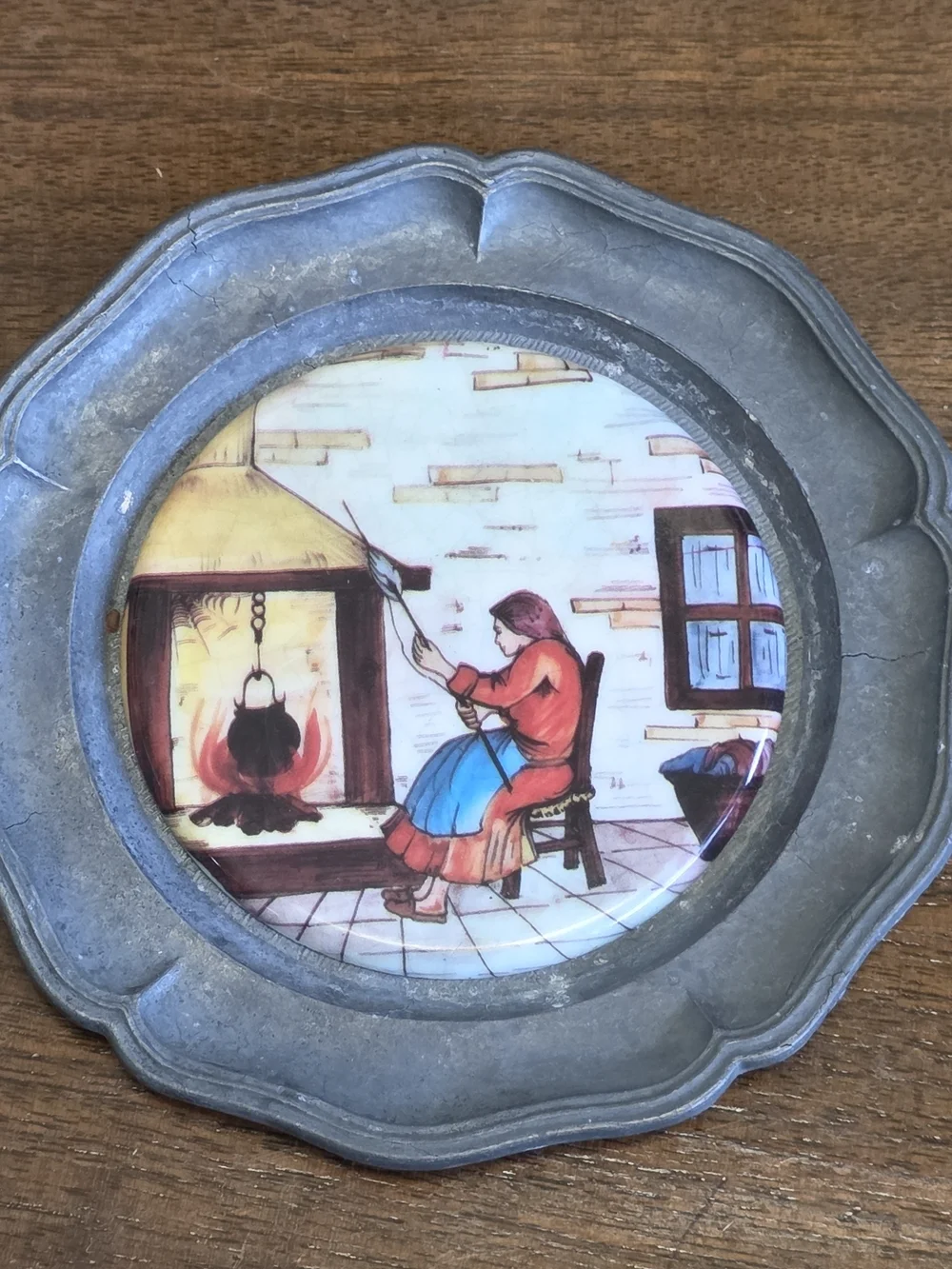 Vintage Pewter Folk Art Wall Plaques Set of 4 Peasant Farm Scenes Cottage Decor
